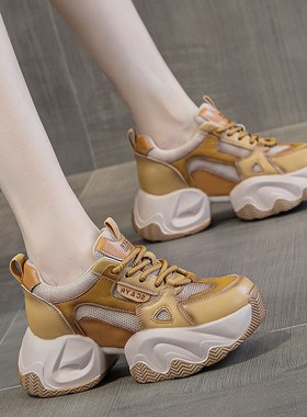 外贸黄色a厚底老爹鞋女款透网2025夏季真皮女式运动休闲旅游鞋软