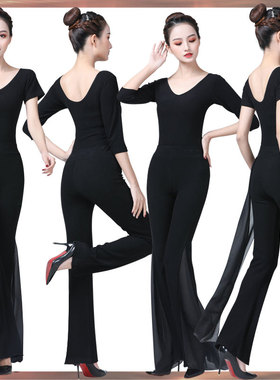 形体短袖舞蹈训练功服装女连体衣成人黑色现代走秀宽W松微喇叭裤