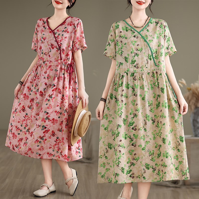 民族风印花斜襟V领苎麻短袖连衣裙女夏季抽绳R收腰显瘦碎花长裙子