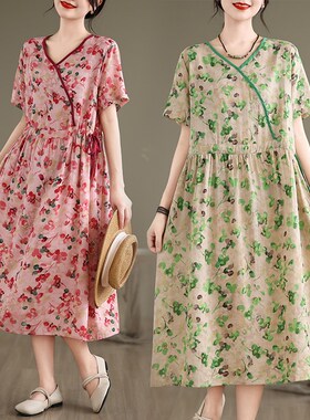 民族风印花斜襟V领苎麻短袖连衣裙女夏季抽绳R收腰显瘦碎花长裙子