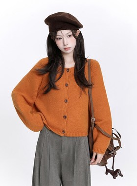 精分 橙色d黄昏 显白南瓜橘宽松针织衫开衫毛衣外套复古上衣秋冬