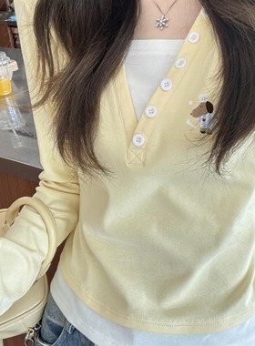 嫩黄色V领假两件长m袖女T恤初秋小个子修身独特超好V看百搭短款上