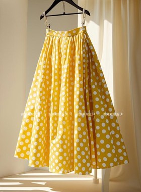 超仙女森系小个子高腰显瘦垂感a字E裙别致独特黄色波点半身裙秋季