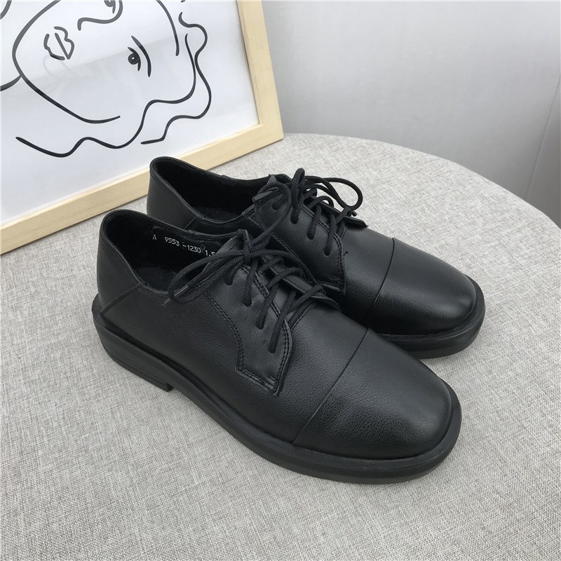 2024新款春季撤柜断码韩版真皮圆头系带深口低R跟牛皮小皮鞋单鞋