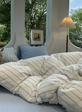 简约蓝色条纹f水洗棉四件套全棉1.5m1.8米公寓纯棉被套宿舍三件套