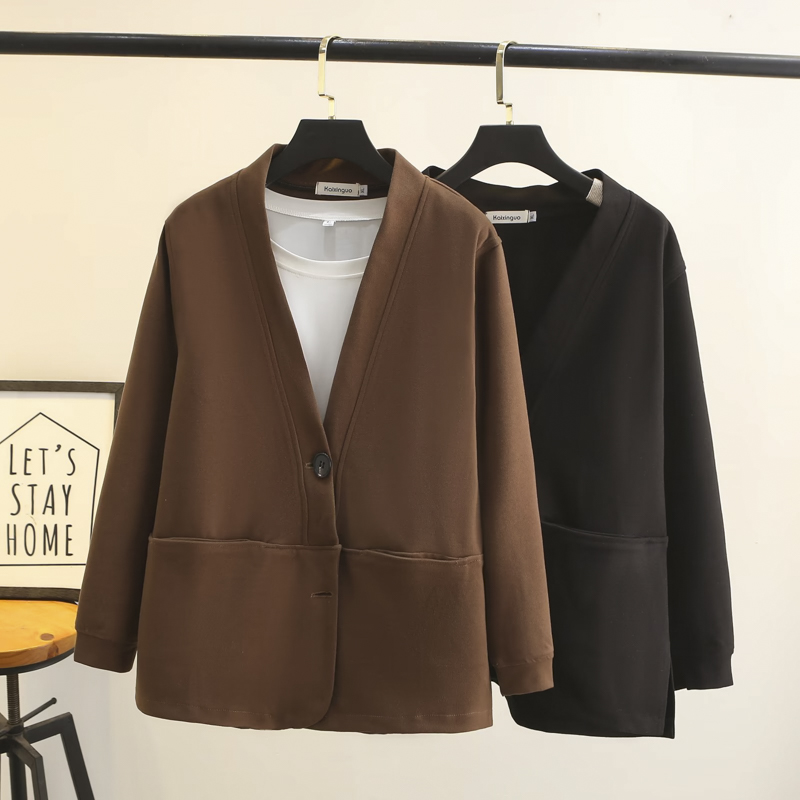 2023年早秋新款外套女大尺码200斤胖mm简约百搭韩T版V领宽松休闲