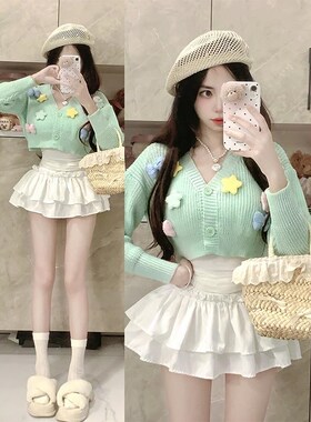 2024秋冬甜美i糖果色V领短款小个子毛衣外套女显瘦显高减龄针织衫