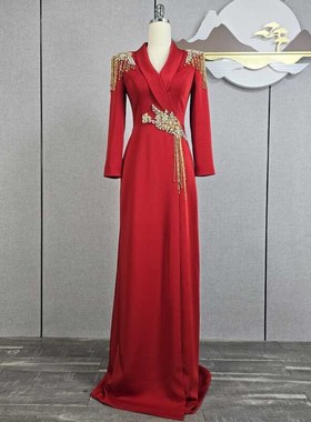 2024新款礼服裙红色旗袍鱼尾红A毯秀中国风主持人长裙长袖气质长