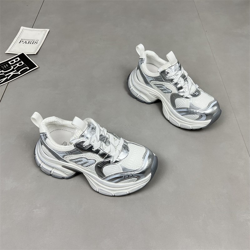 真皮老爹鞋c女2025春季新款网面做旧厚底轻便舒适透气运动休闲鞋