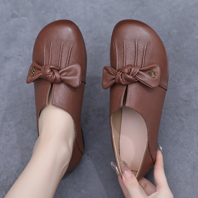 全真皮平底单鞋春夏牛q筋底舒适妈妈鞋大码女鞋一脚蹬深口软底皮