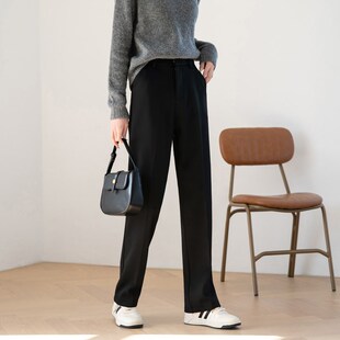 加绒笔挺' 秋冬韩版高腰薄绒y直筒裤窄版阔腿裤黑色加厚休闲西装