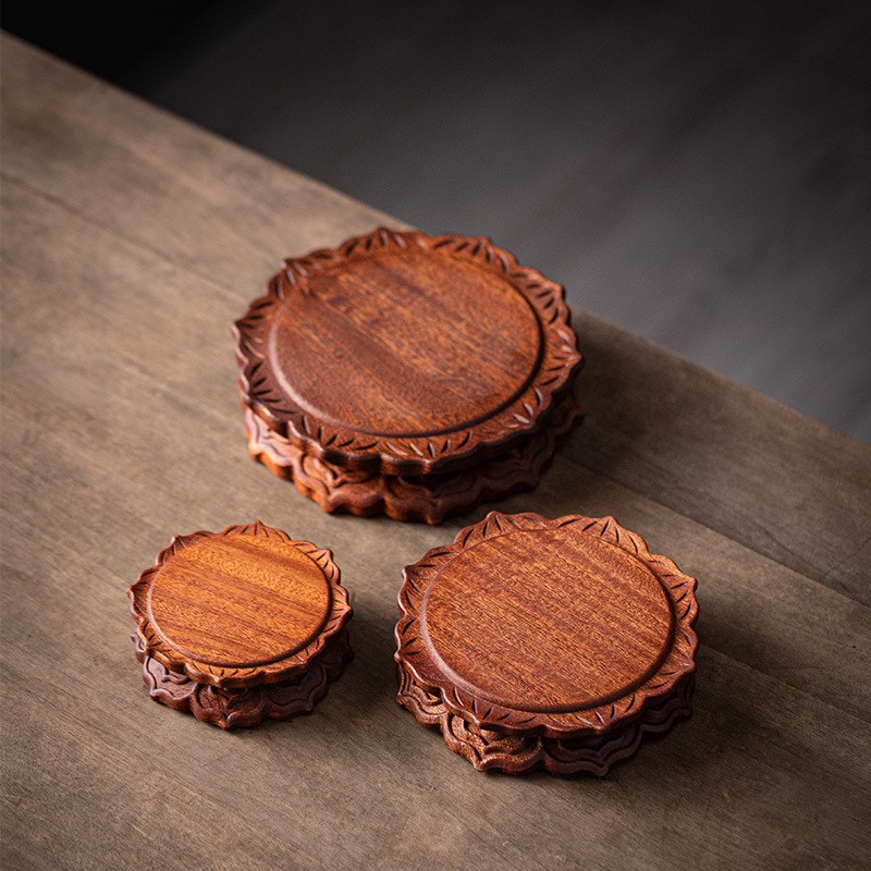 实木圆形莲花底座展示架托架雕刻木质观音财神佛S像工艺品摆件底