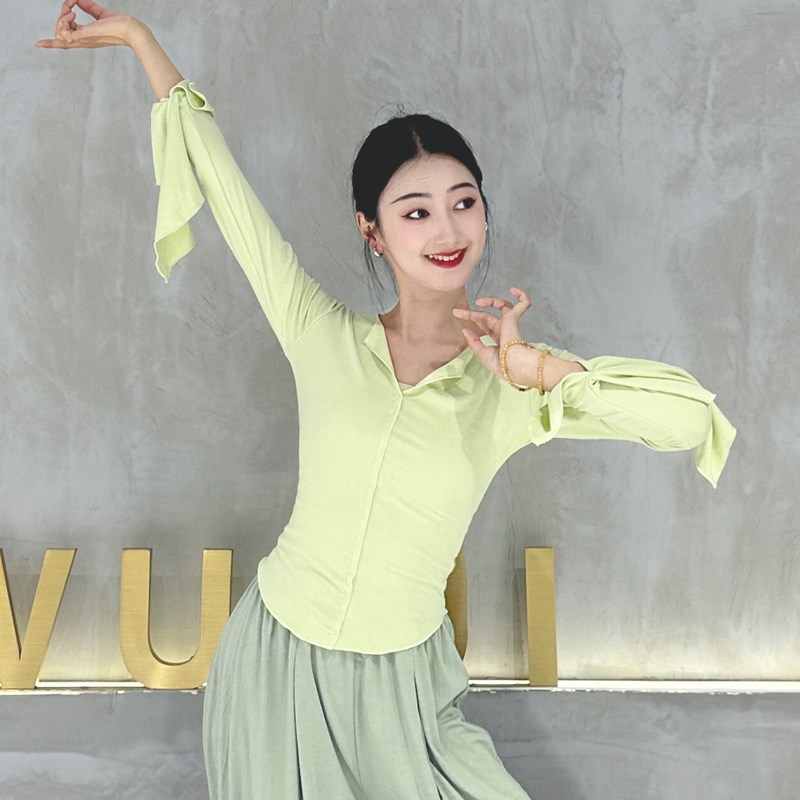 古典舞练功服V领喇叭袖舞蹈服上衣女现代舞O针织修身形体服春季