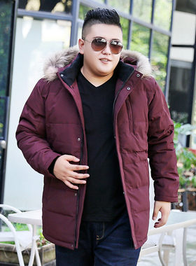 男式冬新款加肥加大酒红t色羽绒服加厚韩风大尺码中长羽绒服外套