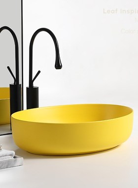 北欧哑光黄色台上盆椭圆形家用陶瓷洗手L盆卫生间阳台洗脸盆面盆
