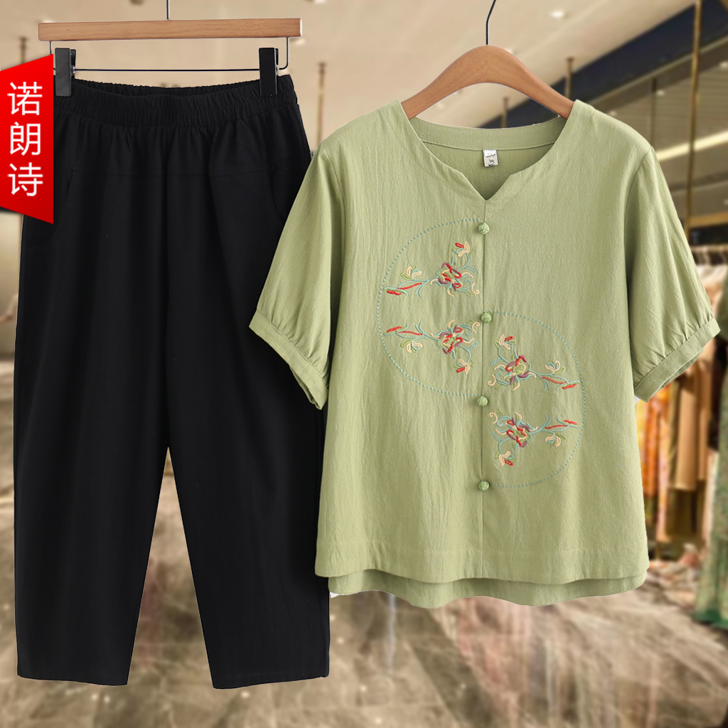 大码女装中老年i妈妈装加肥加大棉麻两件套设计感复古盘扣刺绣套