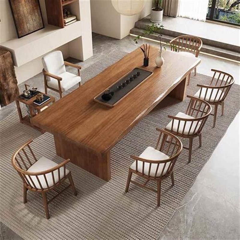 现代简约客厅茶台家用泡茶桌桌椅组E合一桌五椅侘寂风实木大板茶