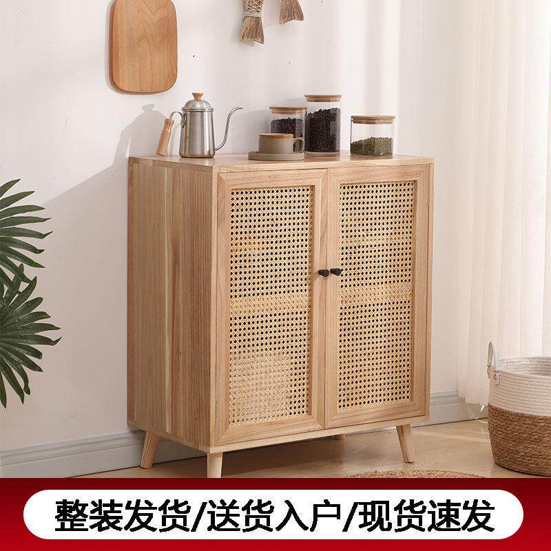 实木藤编餐边柜靠墙一体茶水柜厨房置物柜家用客厅储物柜收纳柜子