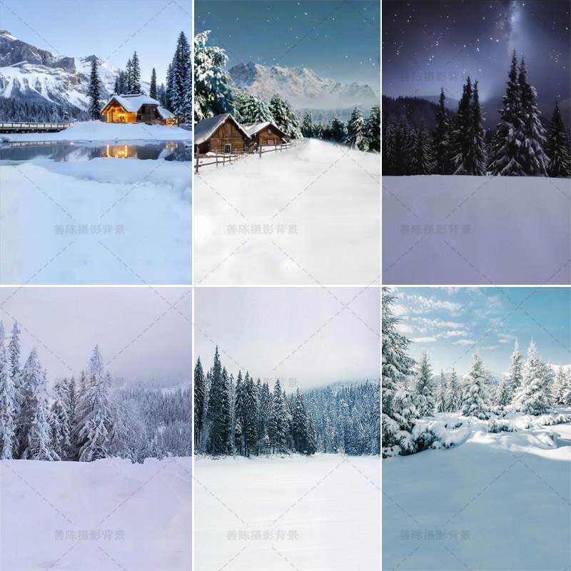 新款雪山森林冬季圣诞雪景儿童拍照背景布室内少女写真摄影背景布