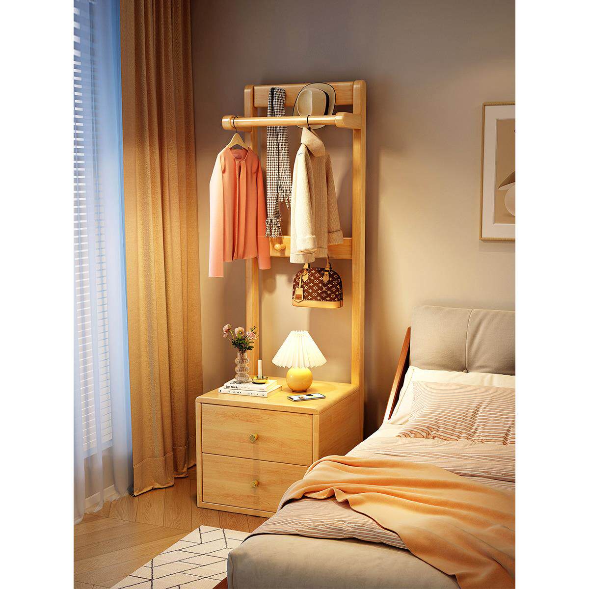 实木床头柜衣帽架一体卧室小型床边柜带挂衣架家用储物上方置物架