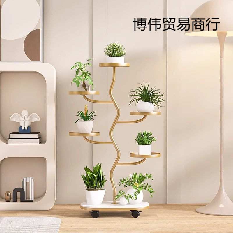 新款轻奢花架子室内家用落地式阳台置物架可移动带轮多层花盆托架