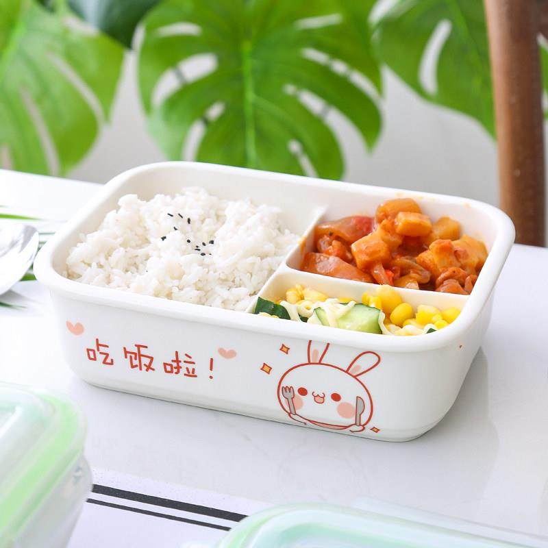 陶瓷分格饭盒微波炉加热专用上班族带盖学生便当盒减脂分隔保鲜碗