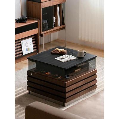 北欧中古岩板茶几黑胡桃木现代小户型客厅正方形极简灯光氛围茶桌
