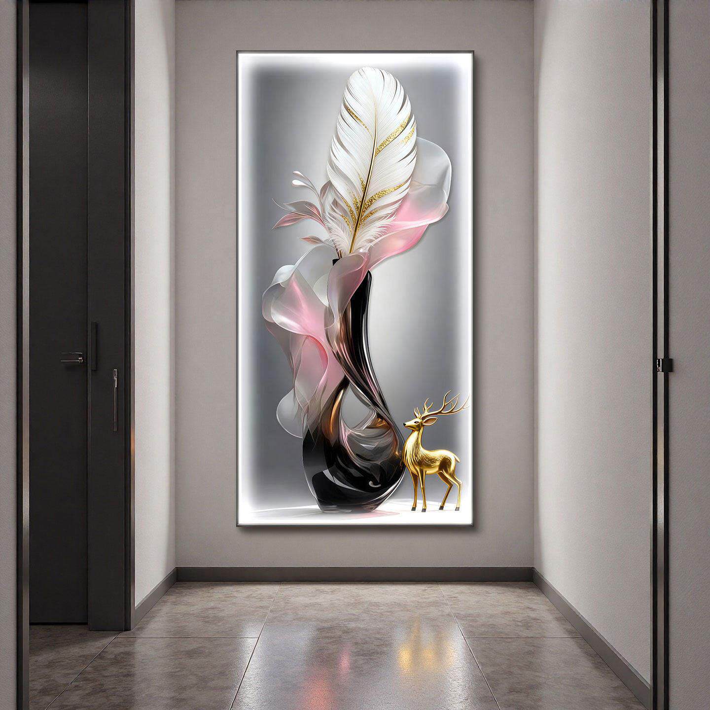 现代北欧玄关装饰画LED灯花瓶入户正对门走廊挂画新中式客厅壁画