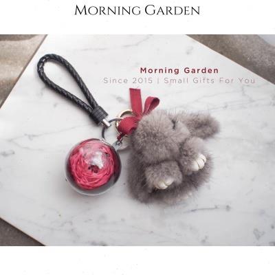 Morning Garden进口水貂毛小兔永生花钥匙圈手机挂件永生花钥匙扣