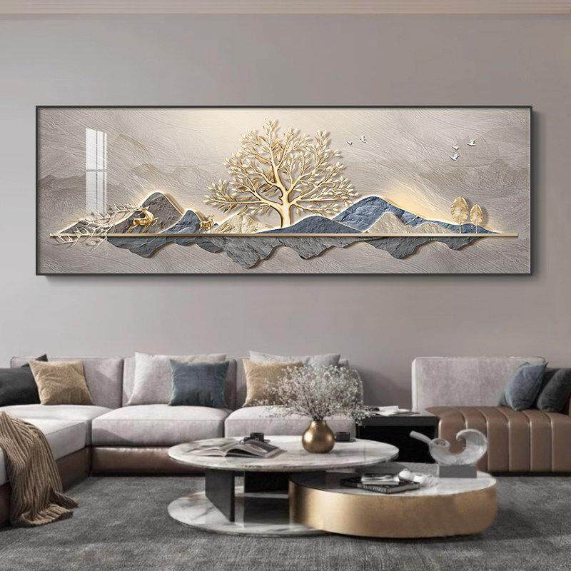 轻奢沙发背景墙装饰画靠山招财新款客厅挂画高级感壁画福鹿发财树