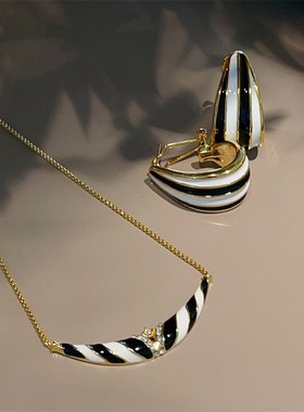 网红款耳饰套件组合黑白条纹项链高级感复古时尚百搭锁骨链