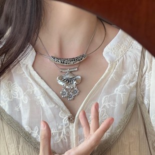 仿苗银项链叠戴锁骨细项圈女款个性复古民族风弯管吊坠女生饰品
