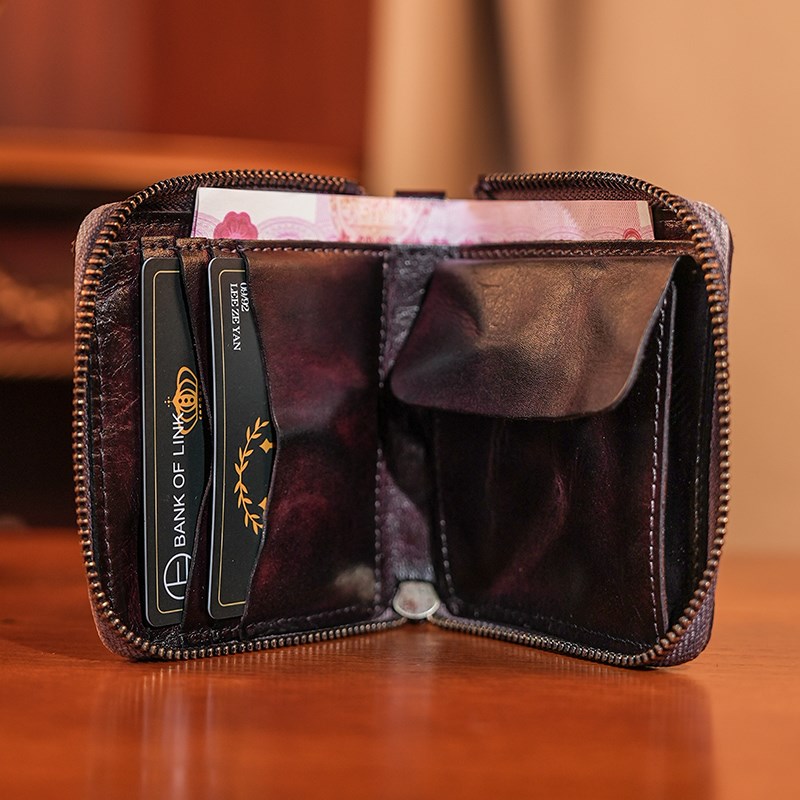 复古手工男士钱包真皮短款拉链钱夹卡包一体头层牛皮零钱包证件包
