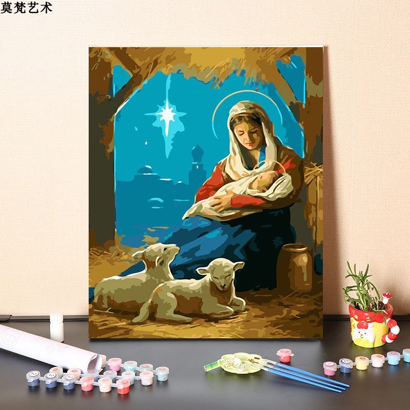 数字油画diy手工填充欧式人z物母子温馨手绘消磨时间涂色油彩画画