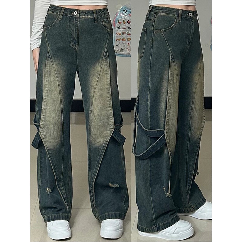 胖mm美式复古hiphop高腰牛仔裤女大码女装设计感裤子显瘦阔腿长裤