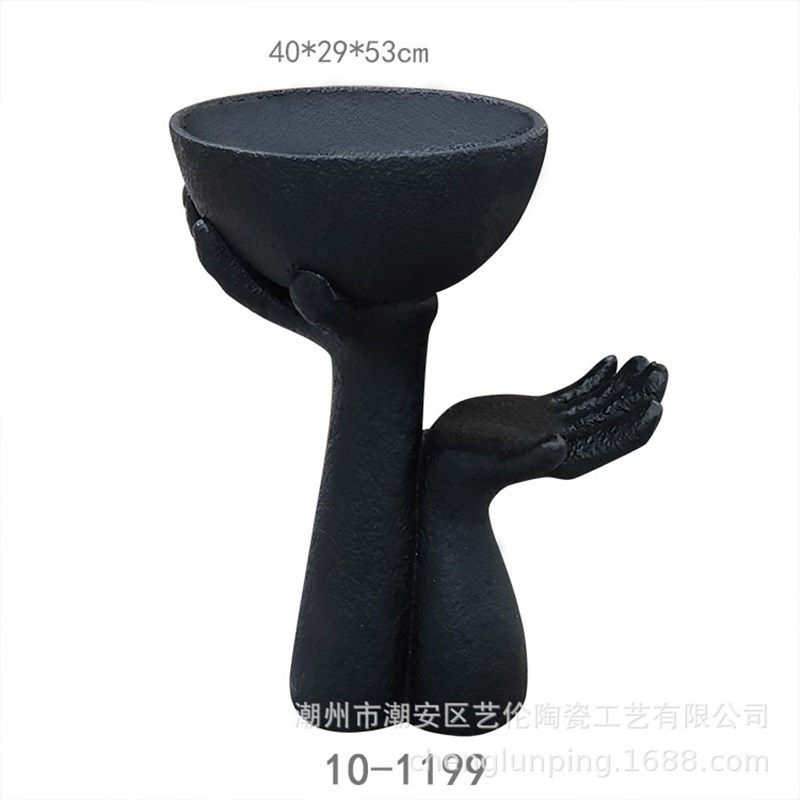 样板房餐厅艺术装饰品手托碗大摆件创意家居砂岩花瓶镁泥高脚花盆
