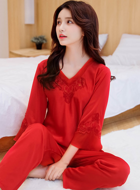 韩版冰丝睡e衣女春秋季长袖薄款丝绸红色本命年牛年夏季家居服套
