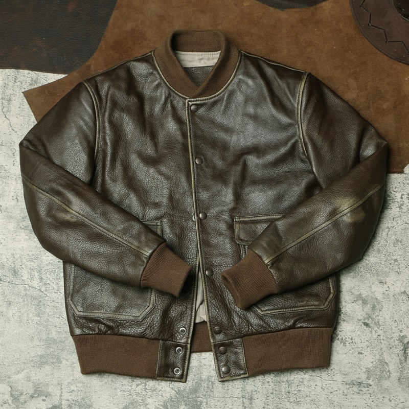 A1橄榄绿飞行服皮衣 复古擦w色做旧皮夹克 茶芯黄牛皮男士真皮外