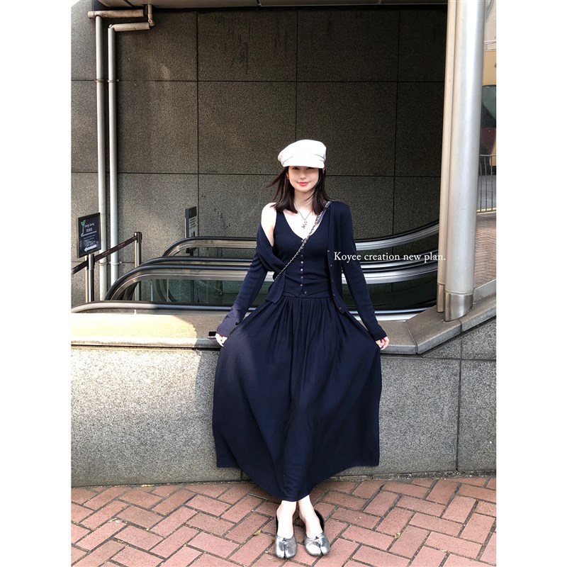 孔一粒 羊毛针织开衫+背心+半身裙三件套女春季休闲温柔气质套装