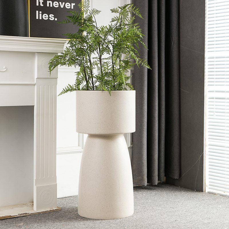 北欧镁泥落地花盆极简高脚黑色软装特大J花器客厅民宿商场别墅摆