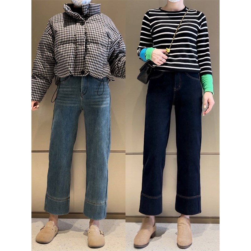 秋冬新款黑色直筒牛仔裤女胖mm大码宽松显瘦梨型身材弹力阔腿裤子