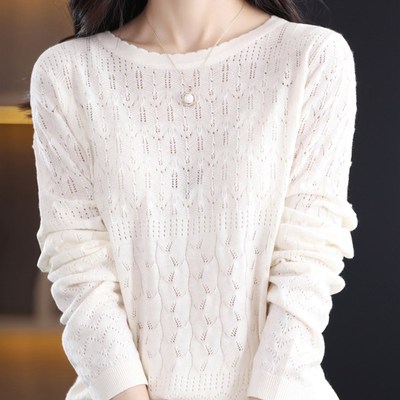 春夏新款圆领长袖打底针织衫短款宽松镂空上衣罩衫洋气薄款毛衣女