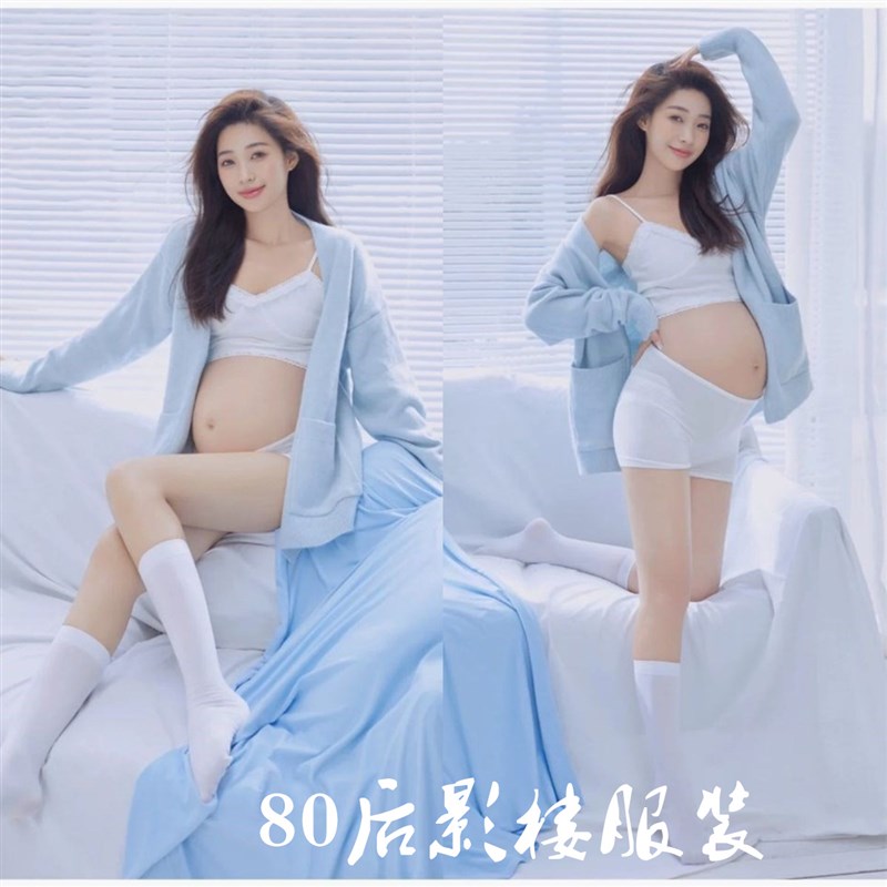 孕妇拍照服装影楼新款小清新居家风写真私房艺术照蓝色套装摄影服