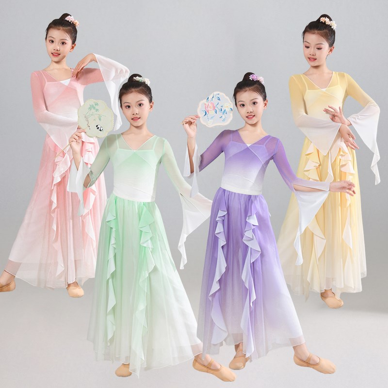 中国舞身韵练功服儿童古典舞蹈服女童民族舞扇子舞花瓣渐变演出服