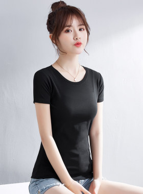 纯黑色小圆领短袖T恤女装夏天修身韩版百搭紧身白色打底衫体恤衫