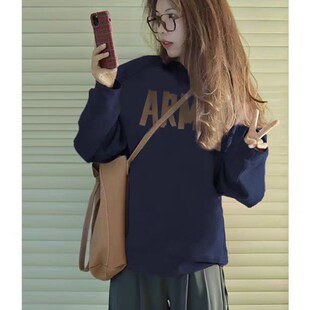 美式慵懒风圆领卫衣女式春秋宽松女款套头上衣秋装外套加绒加厚冬