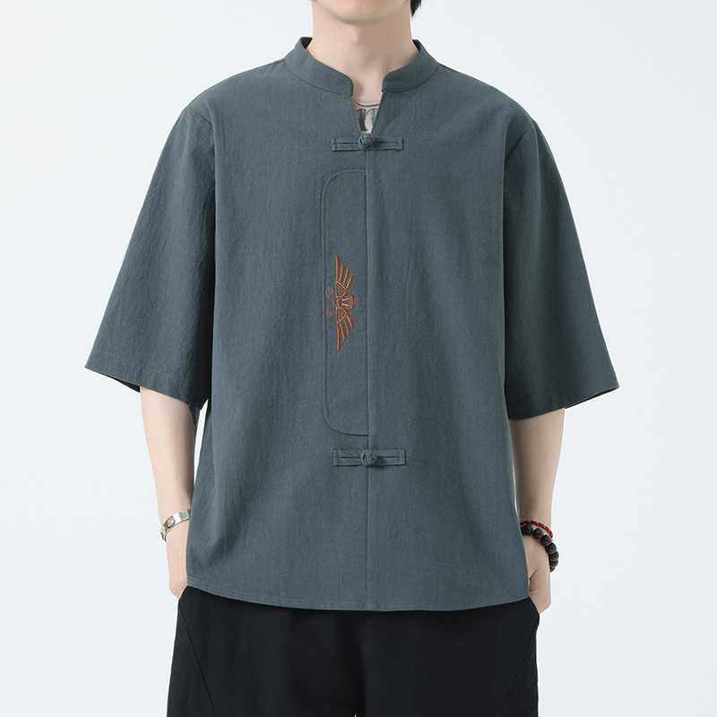 中国风夏季薄款刺绣唐装短袖中式复古盘扣V领衬衫民族风特色半袖