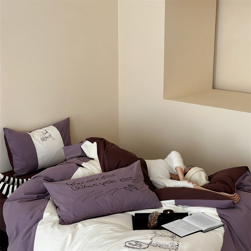 美拉德色系100支婴儿棉磨毛四件套贪吃小猫刺绣拼色全棉被套床品