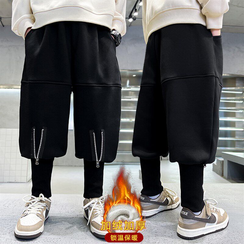 男童加绒裤子一体绒靴裤2023新款秋冬季儿童束脚哈伦裤灯笼裤潮酷