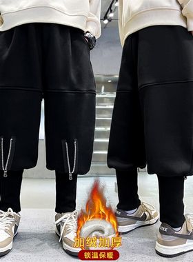 男童加绒裤子一体绒靴裤2023新款秋冬季儿童束脚哈伦裤灯笼裤潮酷